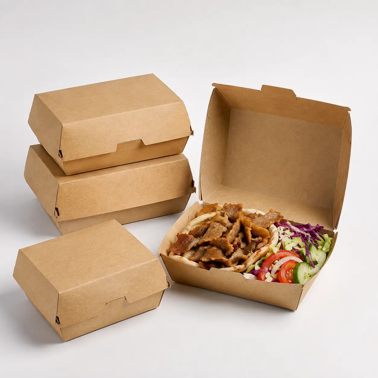 Boîtes repas kebab, tacos & snack kraft — Vue de face
