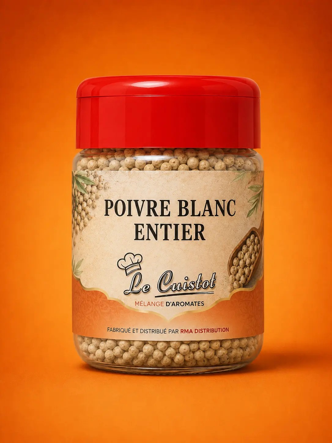 Le Cuistot Poivre Blanc Entier — Bocal plastique prêt à l'emploi